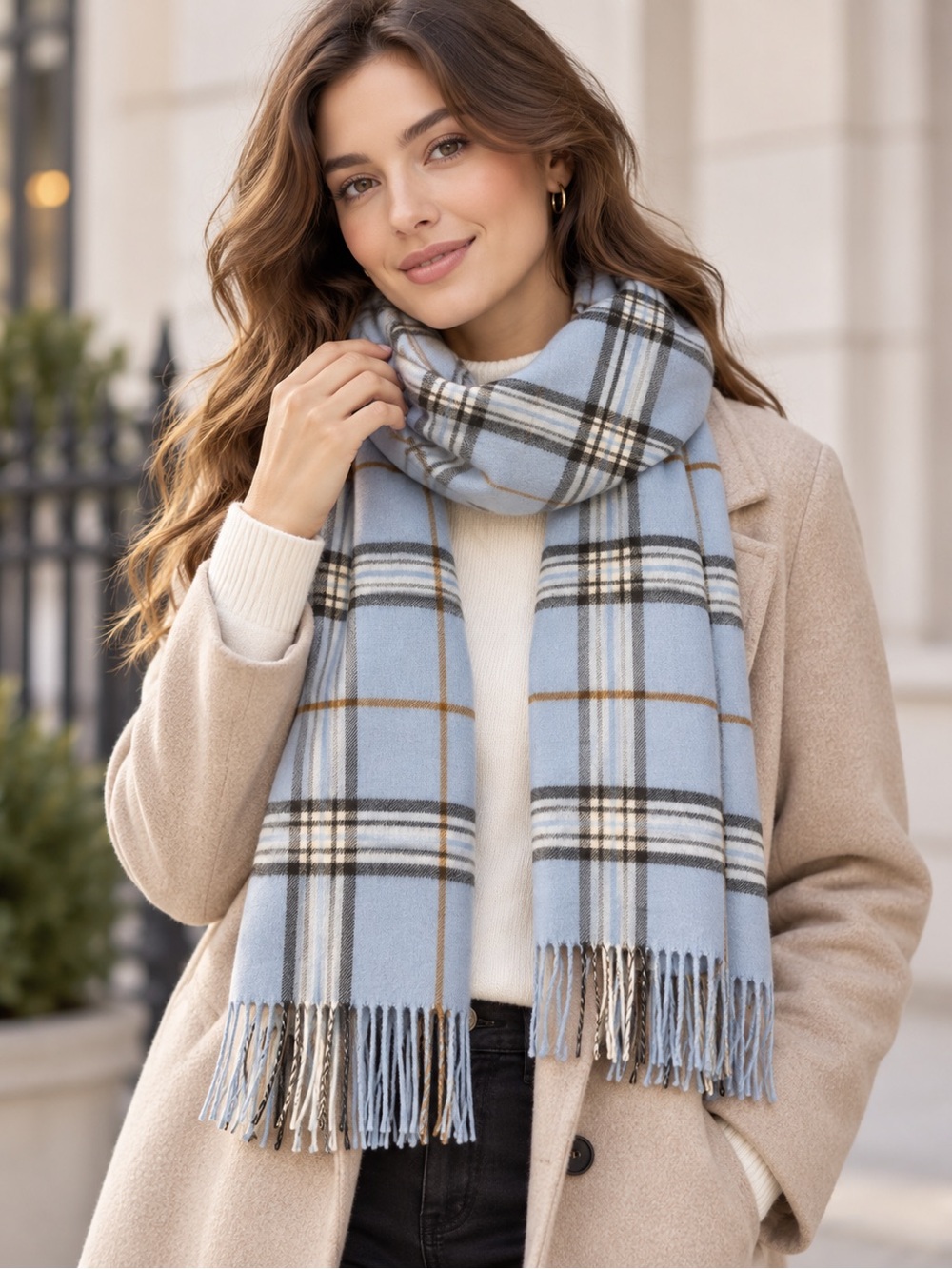 Vintage Lord & Taylor Blue Plaid Fringe Scarf Size 14'' x 74''